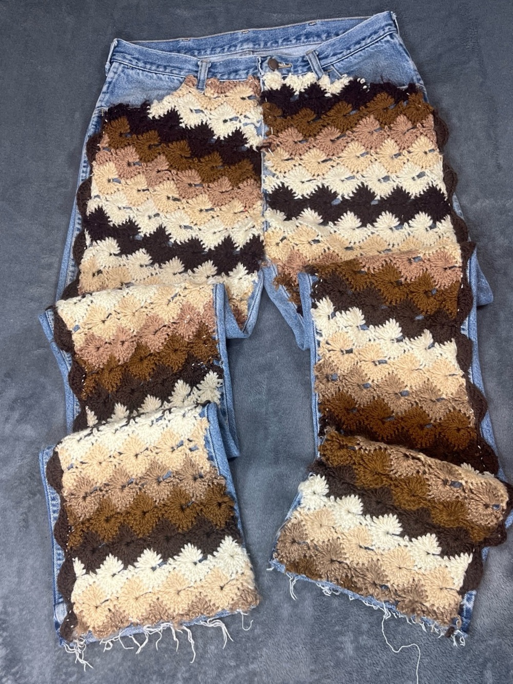 Rustler Crochet Patchwork Flare Jeans in Brown, Cream & Tan